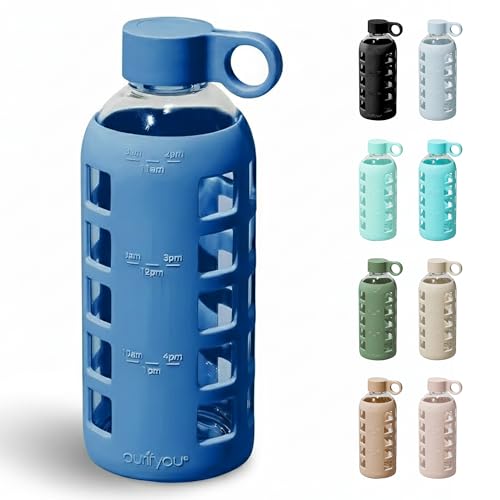40oz / 32oz / 22oz / 12oz Borosilicate Glass Water Bottle with Time & Volume Markers, Silicone Sleeve, Stainless Steel Lid | Reusable Glass Bottle for Water & Juice (22oz Chinese Porcelain)