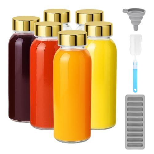 10.5 oz Glass Juice Bottles with Stainless Steel Gold Lid Leak Proof (6 Count)
