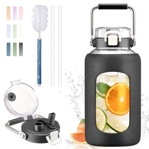 84oz Water Bottle Glass with Stainless Steel Handle Large 2.5l Water Bottle with Time Markers and Silicone Sleeve Half Gallon Water Jug BPA Free for Gym Daily Use