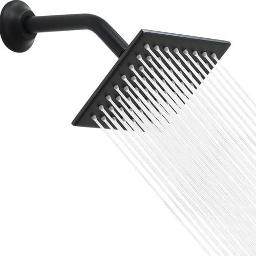 6 Inch Square Shower Head Black Stainless Steel High Pressure Rain Shower Heads with Extension Arm Adjustable Angle Replacement Shower Head for Modern Bathroom