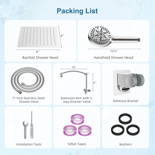 All Metal 8" High Pressure Rain Shower Head Combo