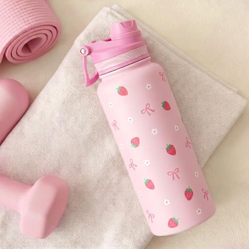 Strawberry Stainless Steel Water Bottle with Strap 32oz