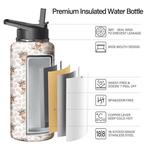 32oz Highland Cow Water Bottle with Handle and Flip Straw