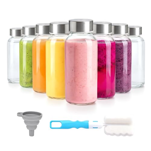 8 oz Small Glass Juice Bottles with Stainless Steel Lids Leak Proof (8 Count)