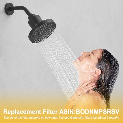 Filtered 6 Inch Round Rain Shower Head High Pressure Rainfall Showerhead Filter Heavy Duty For Hard Water Universal for Remove Chlorine and Harmful Substances Matte Black