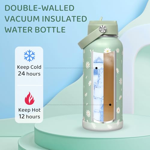 32oz Green Daisy Insulated Water Bottle for Women with Straw