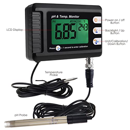 2 in 1 pH & Temperature Meter Digital pH Monitor Dual Display Water Quality Tester with ATC and Automatic Calibration Function