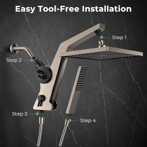 Filtered Rain Shower Head with Handheld Combo High Pressure 12'' Rainfall Shower Heads & Hidden Detachable Wand Dual Showerhead Water Softener for Hard Water Easy Filter Replacement