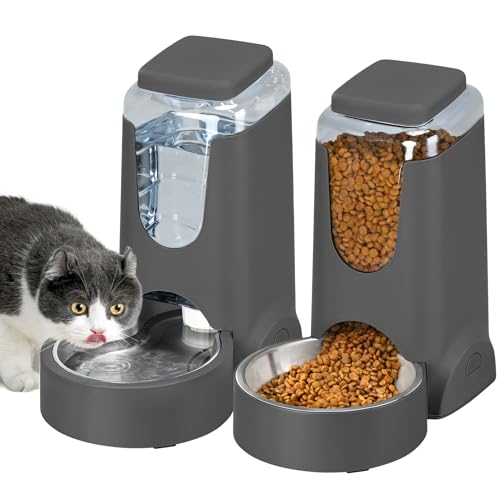 2 Pack Automatic Cat Feeder and Gravity Stainless Steel Water Dispenser
