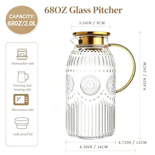 Glass Pitcher with Lid 68oz 2L Vintage Water Carafe Beverage 1Pack