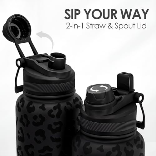 Black Leopard Skin Stainless Steel Water Bottle with Strap 32oz