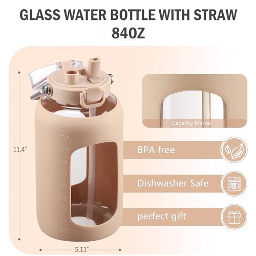 84oz Water Bottle Glass with Stainless Steel Handle Large 2.5l Water Bottle with Time Markers and Silicone Sleeve Half Gallon Water Jug BPA Free for Gym Daily Use