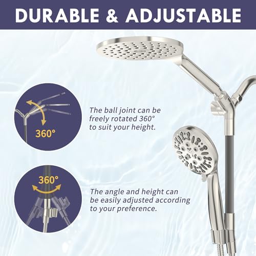 Brushed Nickel Dual Shower Heads with 9 Modes Handheld Spray Combo