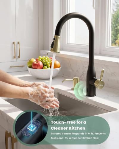 Black Gold Touchless Kitchen Faucets with Soap Dispenser & Sprayer