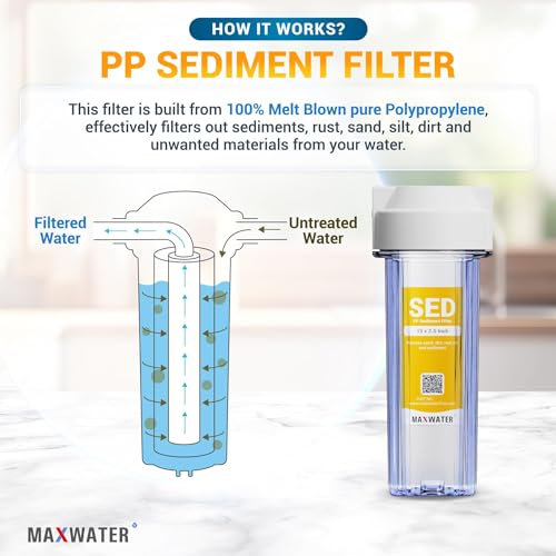 10-Inch 1-Stage Whole House Water Filtration System with Clear Housing and 5-Micron Polypropylene Sediment Filter - Ideal for RVs, Well Water, and Boilers