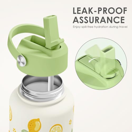 Lemon Water Bottle Stainless Steel 32oz with Lid & Straw