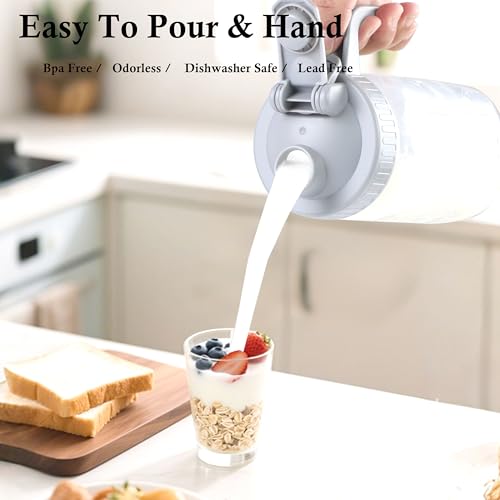 Mason Jar Pitcher With Pour Lid 32 Oz Glass Breast milk Storage Jug 1 Quart Wide Mouth Glass Tea Pitcher With Handle Creamer Container For Fridge Juice (2 Count)