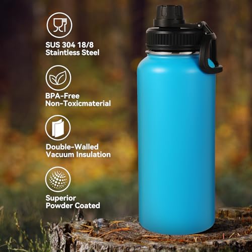 32 oz Insulated Water Bottles Bulk with 2 Lids (8 Count)