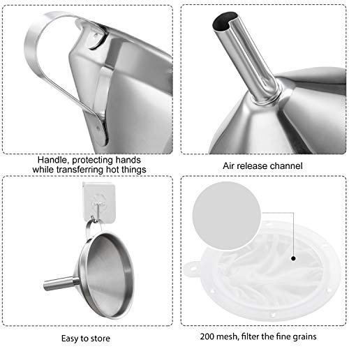 5 Inch Premium Stainless Steel Funnel with 200 Mesh Food Strainer