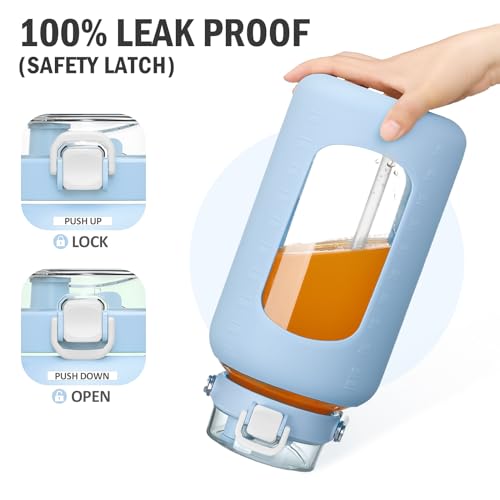 84oz Water Bottle Glass with Stainless Steel Handle Large 2.5l Water Bottle with Time Markers and Silicone Sleeve Half Gallon Water Jug BPA Free for Gym Daily Use