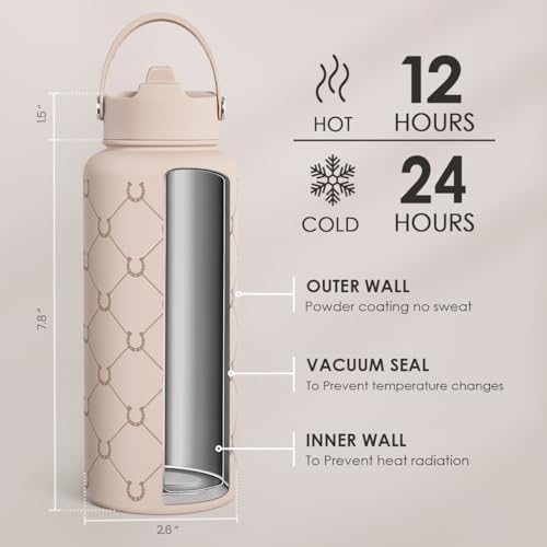 Horse Water Bottle 32oz Stainless Steel with Lid & Straw