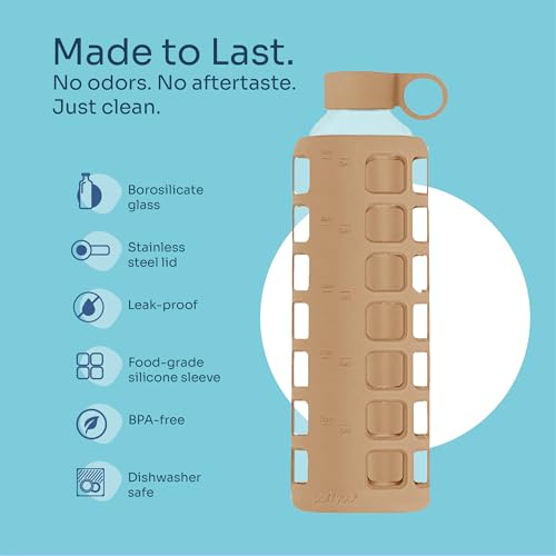 40oz / 32oz / 22oz / 12oz Borosilicate Glass Water Bottle with Time & Volume Markers, Silicone Sleeve, Stainless Steel Lid | Reusable Glass Bottle for Water & Juice (32oz Iced Coffee)
