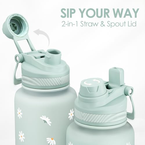 Mint Daisy Stainless Steel Water Bottle with Strap 32oz