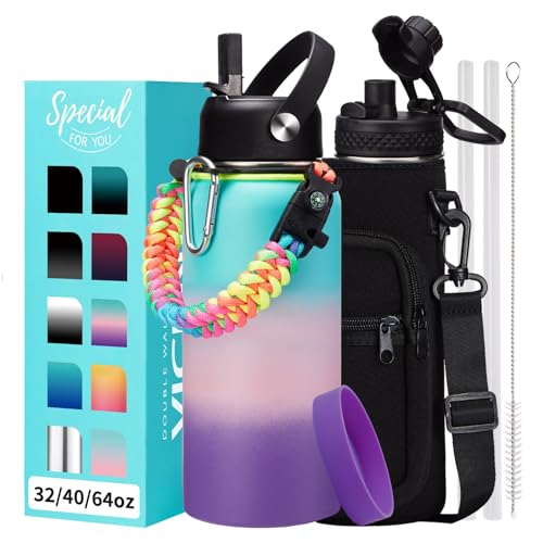 32 40/64/128 oz Flask Water Bottles Insulated - with Straw Auto Spout Lid, Water Bottle Stainless Steel Keep Cold 48H Hot 24H, Metal Water Bottle with Strap, Paracord Handle, Protective Boot (32 Count)