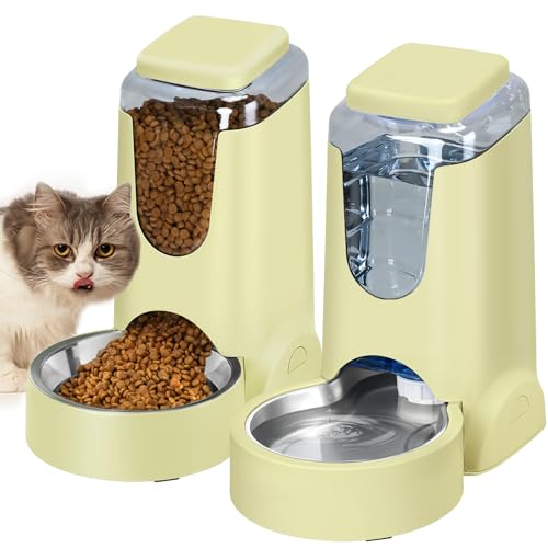 Portable Automatic Cat Feeder and Water Dispenser with Stainless Steel Bowl Dog Gravity Food Feeder and Waterer for Small Medium Pets Puppy Kitten 1 Gallon x 2