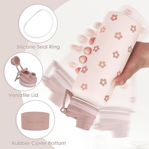 Beige Daisy Stainless Steel Water Bottle with Strap 32oz