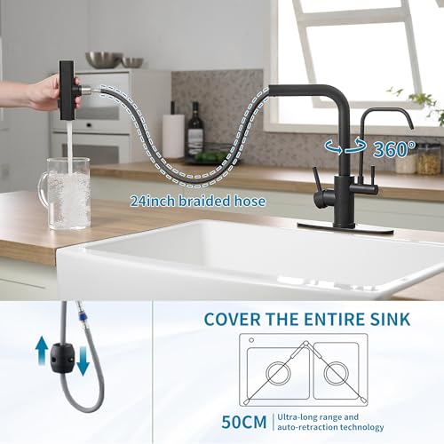 Black Kitchen Faucets with Water Filter and Pull Down Sprayer