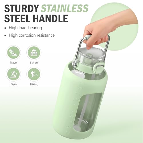 84oz Water Bottle Glass with Stainless Steel Handle Large 2.5l Water Bottle with Time Markers and Silicone Sleeve Half Gallon Water Jug BPA Free for Gym Daily Use
