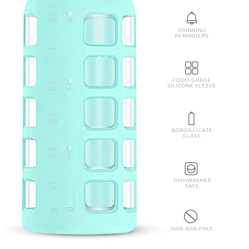 40oz / 32oz / 22oz / 12oz Borosilicate Glass Water Bottle with Time & Volume Markers, Silicone Sleeve, Stainless Steel Lid | Reusable Glass Bottle for Water & Juice (22oz Glow-in-the-Dark) (4 Count)