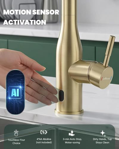 Gold Touchless Kitchen Sink Faucet with Soap Dispenser and Sprayer