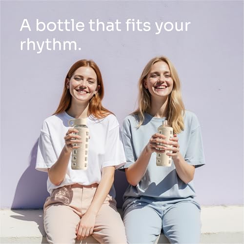40oz / 32oz / 22oz / 12oz Borosilicate Glass Water Bottle with Time & Volume Markers, Silicone Sleeve, Stainless Steel Lid | Reusable Glass Bottle for Water & Juice (12oz Pearled Ivory)