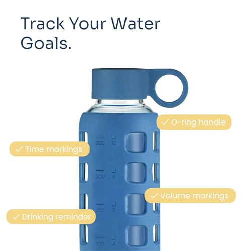 40oz / 32oz / 22oz / 12oz Borosilicate Glass Water Bottle with Time & Volume Markers, Silicone Sleeve, Stainless Steel Lid | Reusable Glass Bottle for Water & Juice (12oz Chinese Porcelain)
