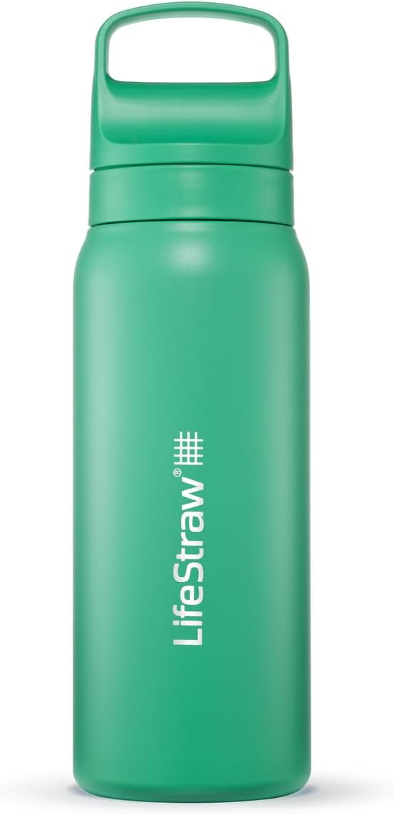 LifeStraw Go Series – Insulated Stainless Steel Water Filter Bottle for Travel and Everyday Use, Removes Bacteria, Parasites and Microplastics, Improves Taste, 24oz Cactus Green