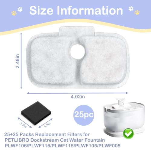 50 Packs for PETLIBRO Dockstream Cat Water Fountain Filters Replacement