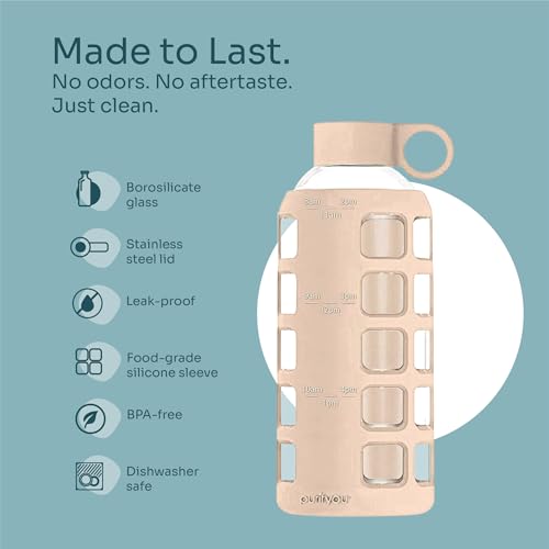40oz / 32oz / 22oz / 12oz Borosilicate Glass Water Bottle with Time & Volume Markers, Silicone Sleeve, Stainless Steel Lid | Reusable Glass Bottle for Water & Juice (22oz Hazelnut)