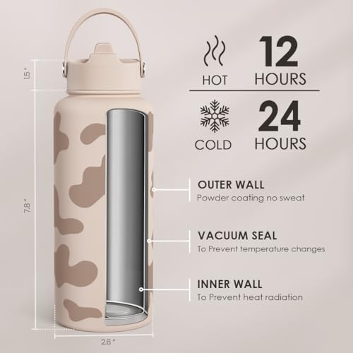 Cow Print Water Bottle 32oz Stainless Steel with Lid