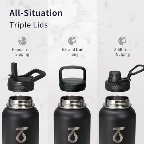 Insulated Water Bottle 32 oz with 3 Lids