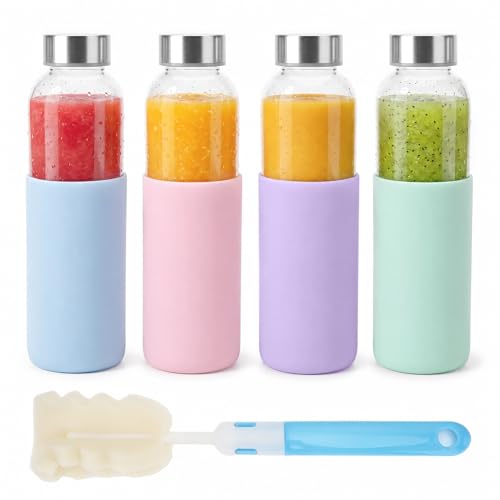 18 oz Glass Water Bottles with Lids and Silicone Sleeve 4 Pack