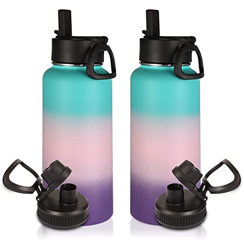 32oz Insulated Water Bottles Bulk 2 Pack with Straw Lid &Spout Lid (2 Count)