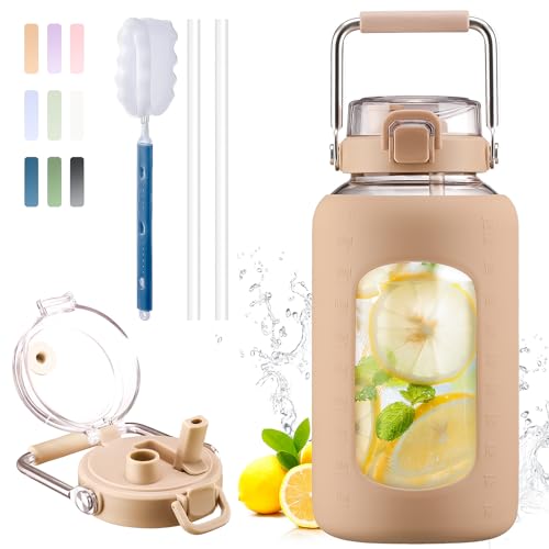 84oz Water Bottle Glass with Stainless Steel Handle Large 2.5l Water Bottle with Time Markers and Silicone Sleeve Half Gallon Water Jug BPA Free for Gym Daily Use