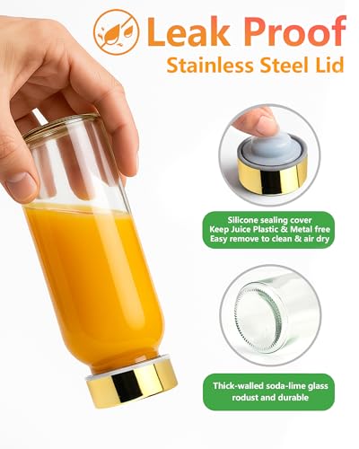 10.5 oz Glass Juice Bottles with Stainless Steel Gold Lid Leak Proof (6 Count)