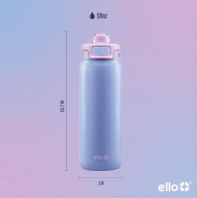 Ello Kids Pop & Fill 18oz Stainless Steel Water Bottle with Quick Fill Technology, Double-Wall Vacuum Insulation, Leak Proof Locking Lid, Sip & Chug, BPA Free, Gifts for Girls Boys, Purple Holographic