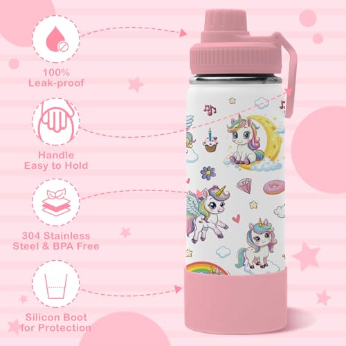 18oz Unicorn Girls Water Bottle with 2 Lids