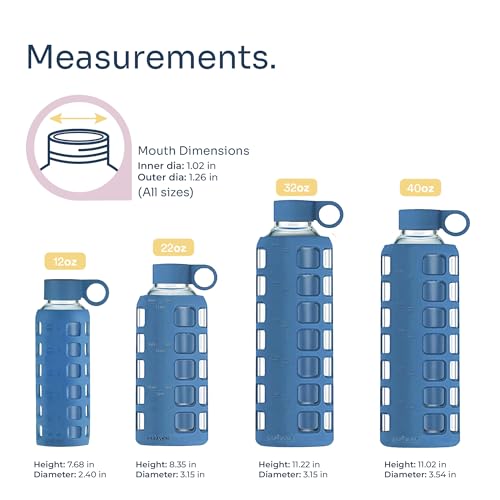 40oz / 32oz / 22oz / 12oz Borosilicate Glass Water Bottle with Time & Volume Markers, Silicone Sleeve, Stainless Steel Lid | Reusable Glass Bottle for Water & Juice (12oz Chinese Porcelain)