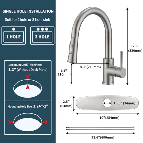 Kitchen Faucet with Pull Down Sprayer SUS304 Stainless Steel High Arc Brushed Nickel Pull Out Kitchen Sink Faucets Utility Laundry Farmhouse Camper Rv Modern for 1 or 3 Hole Sink