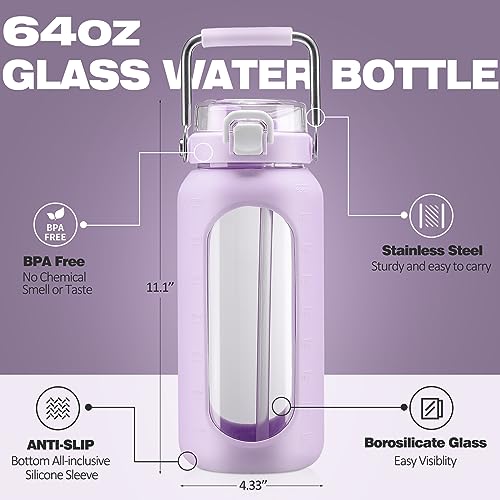 64oz Water Bottle Glass with Stainless Steel Handle Large Water Bottle with Time Markers and Silicone Sleeve Half Gallon Water Jug BPA Free for Gym Daily Use